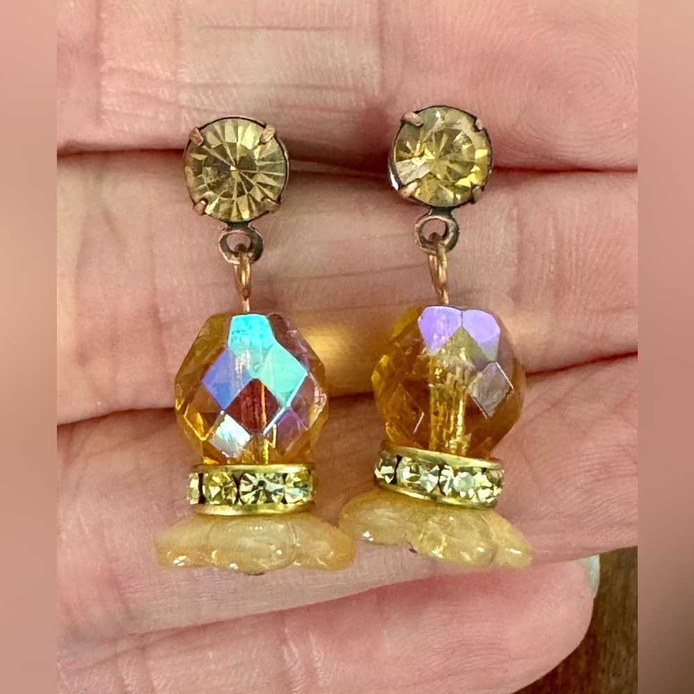Vintage Orange & Peach Crystal/Glass Flower Drop Earring  Faceted 1” Length